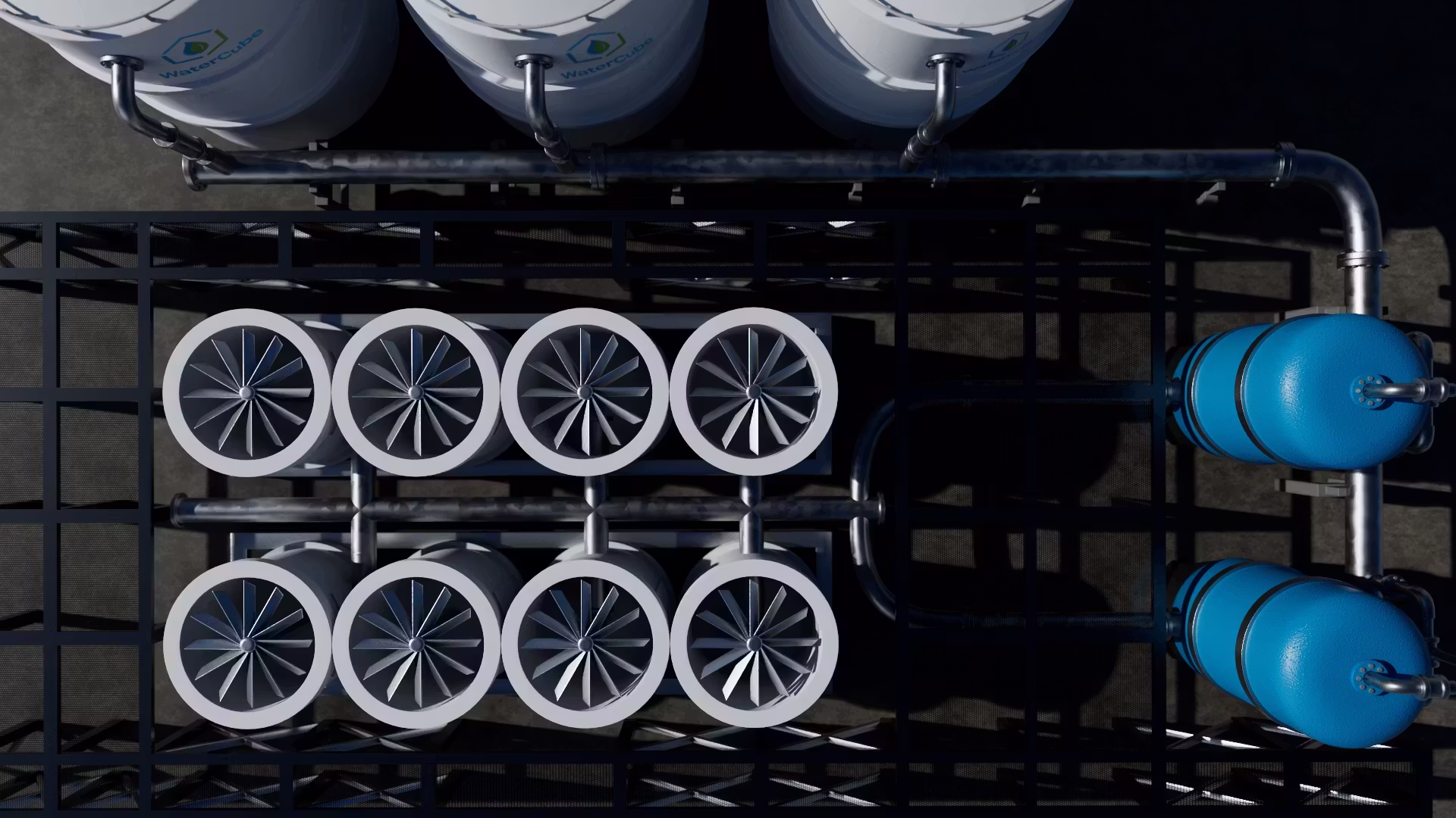 Overhead view of a WaterCube Plant’s filtration tanks and piping